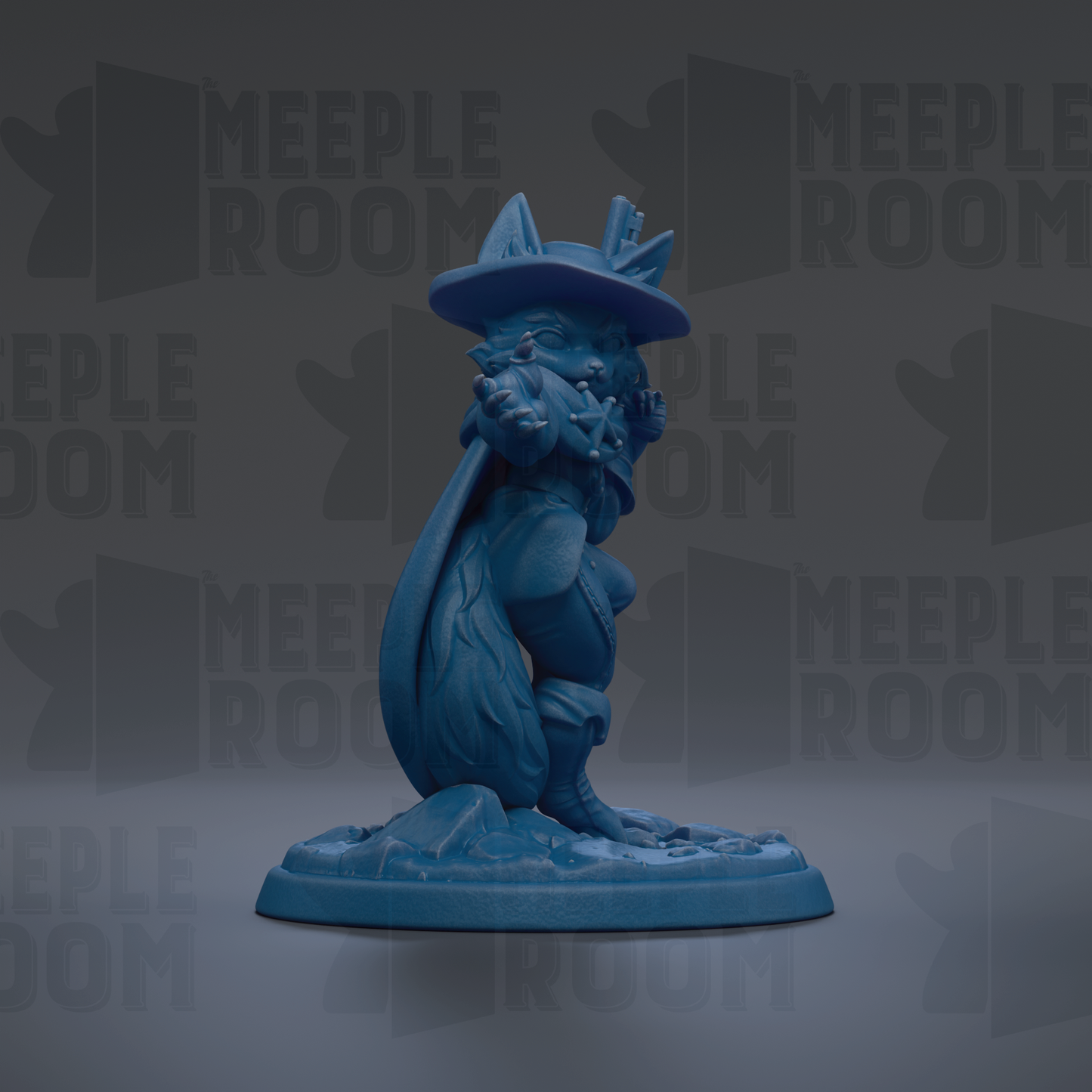 A blue figurine of a character wearing a hat and holding a weapon, standing on a base.