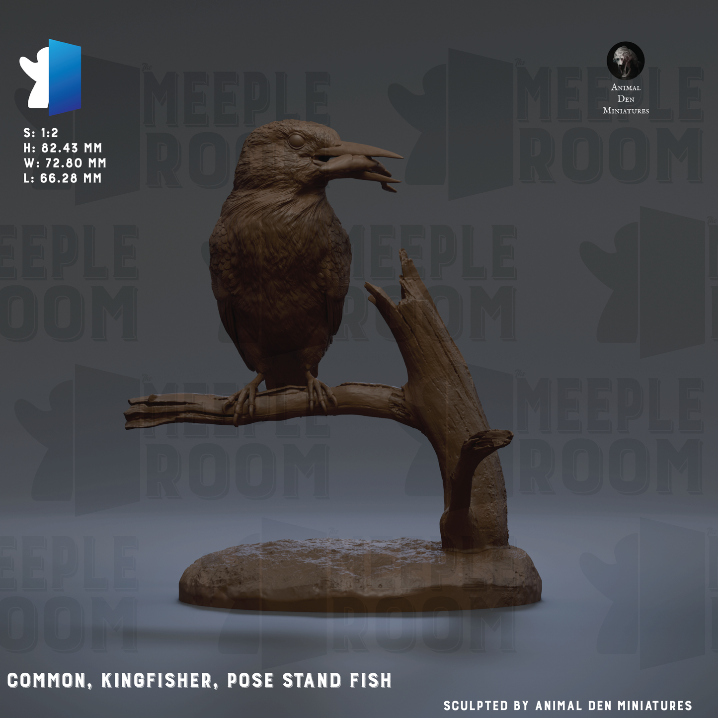 The image is a 3D model of a bird, specifically a kingfisher, posed on a branch. The bird is sitting on a rock formation, and the background features the text "MEIPLE ROOM" repeated multiple times.