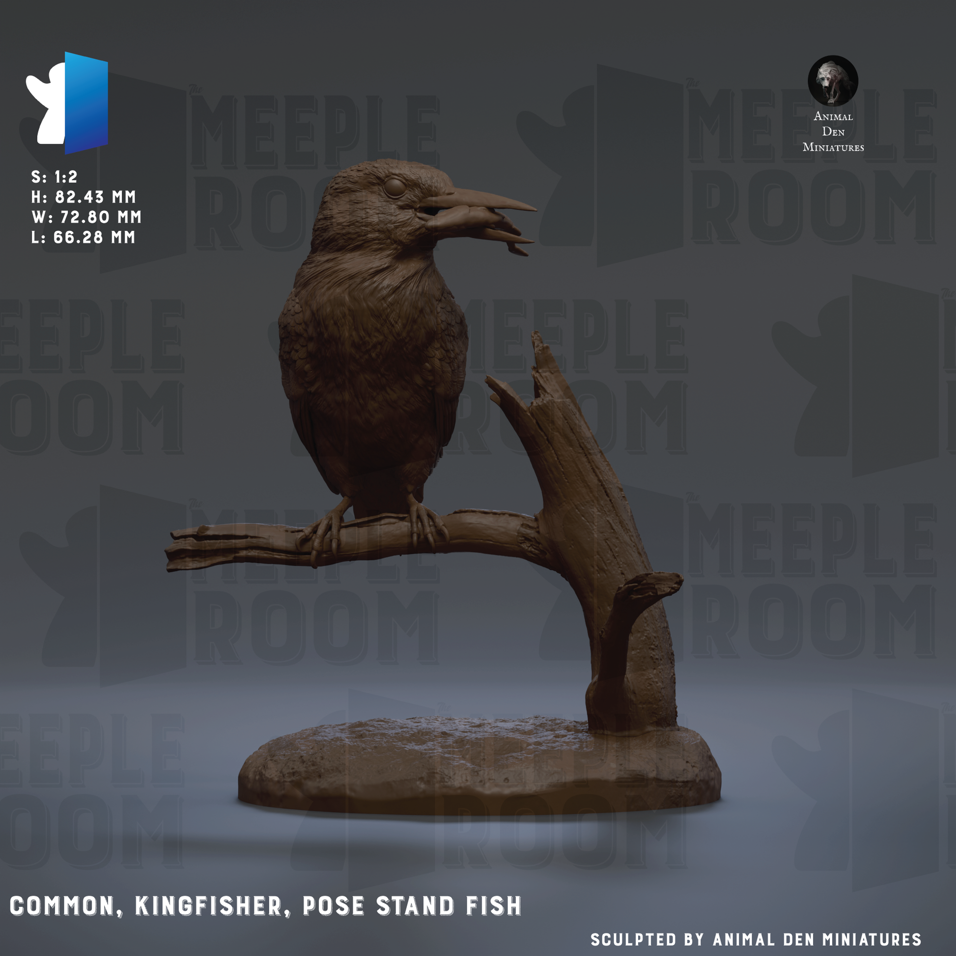 The image is a 3D model of a bird, specifically a kingfisher, posed on a branch. The bird is sitting on a rock formation, and the background features the text "MEIPLE ROOM" repeated multiple times.