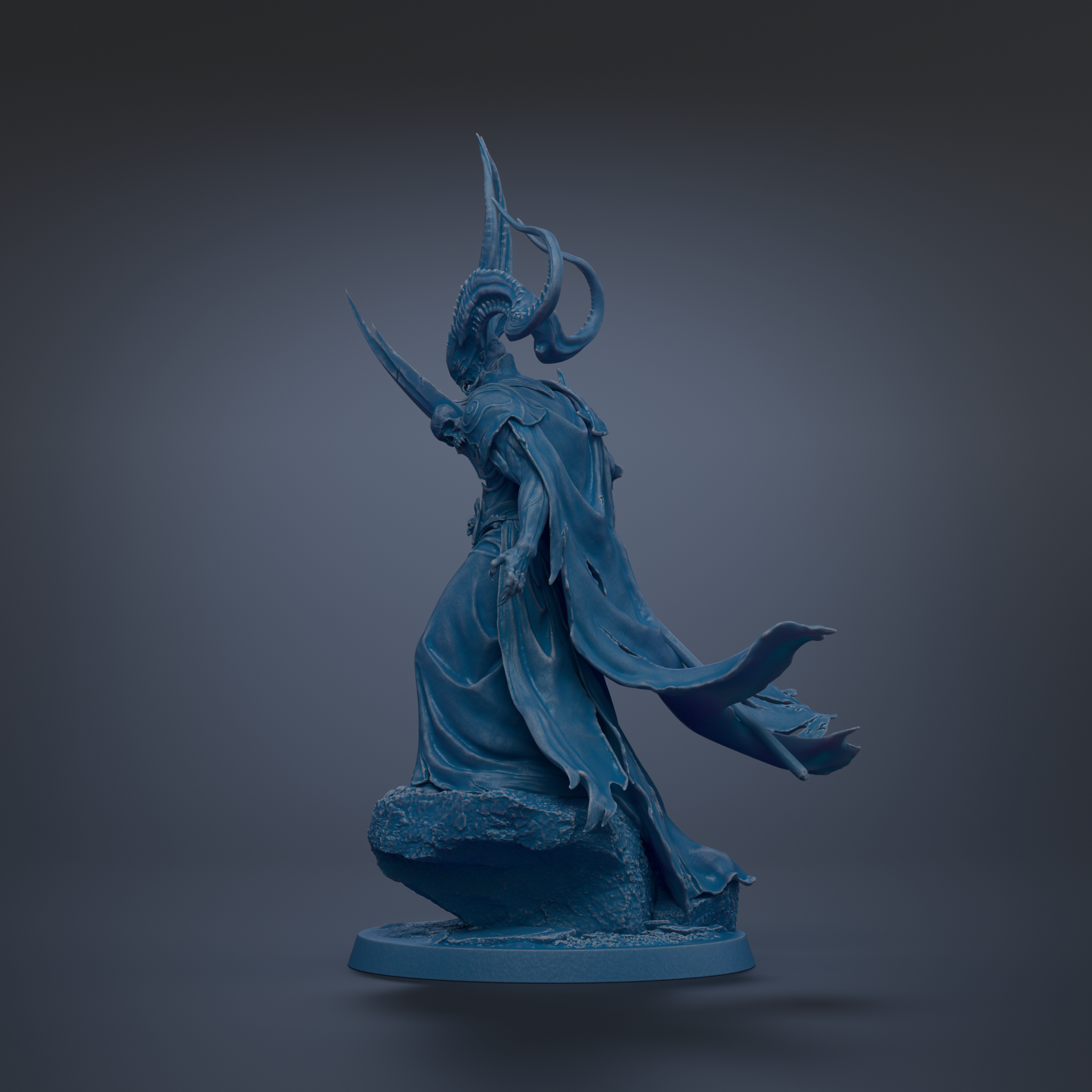 A blue statue of a figure with horns and a flowing cape, standing on a rock.