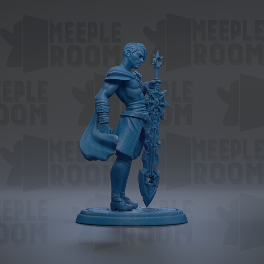 A blue figurine of a warrior standing in a fighting stance, holding a sword and shield, against a dark background with repeated text.