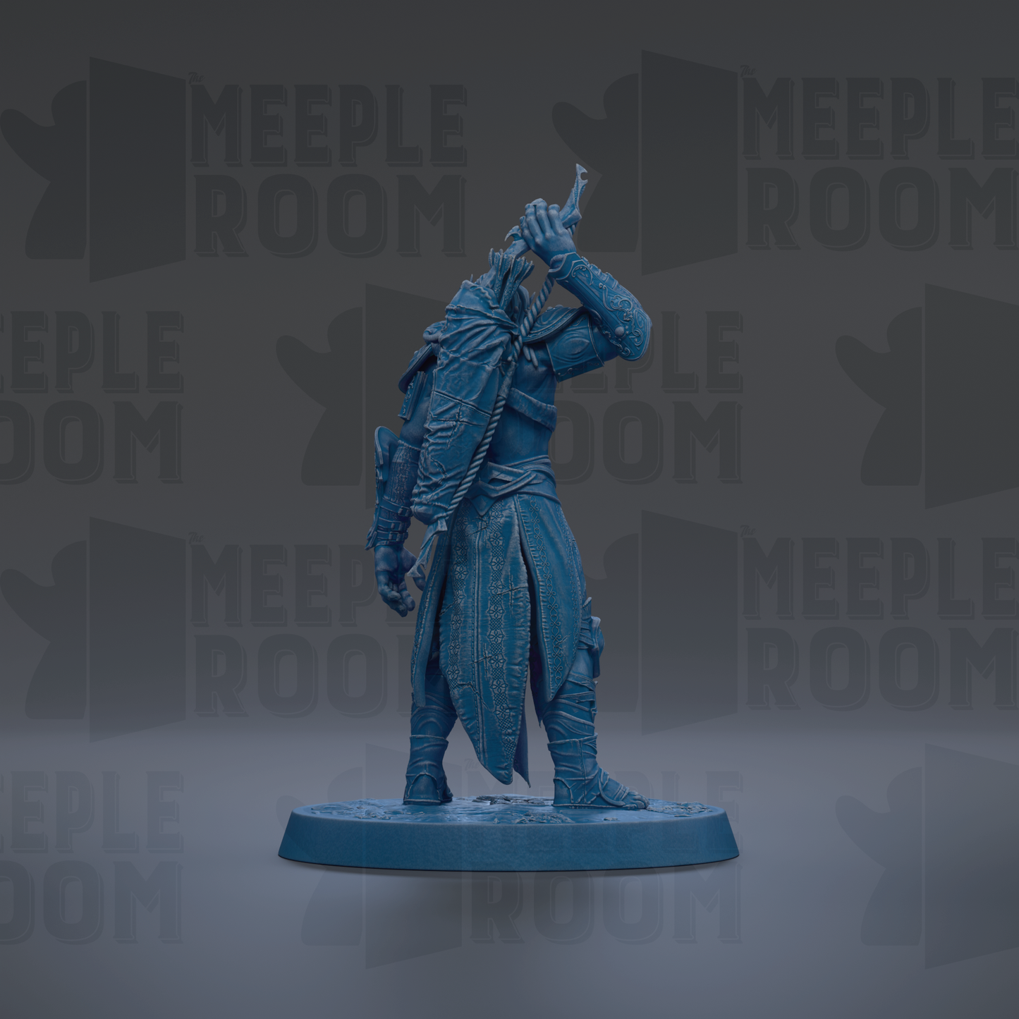 A blue figurine of a person standing on a platform, with the text "MEEPLE ROOM" repeated in the background.