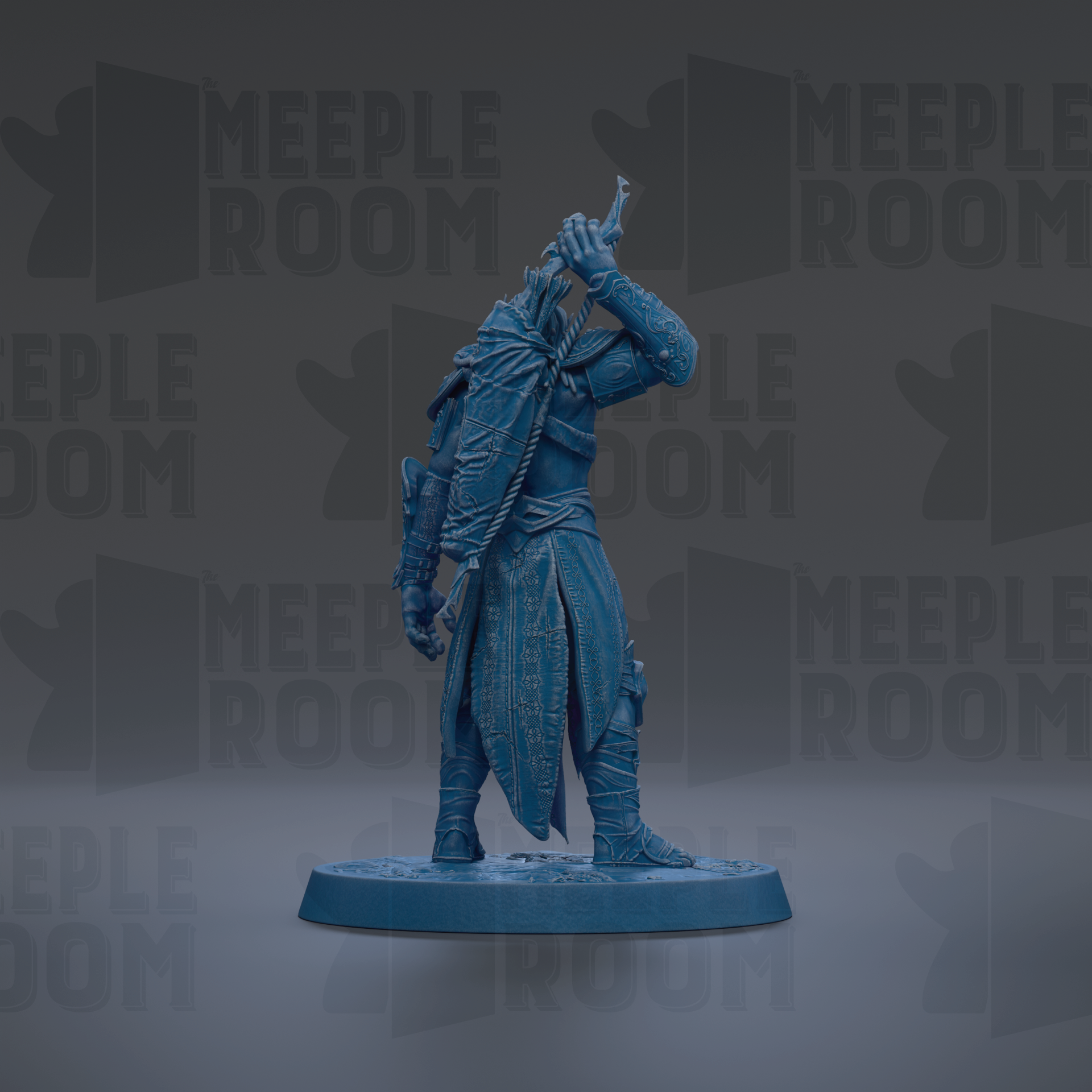 A blue figurine of a person standing on a platform, with the text "MEEPLE ROOM" repeated in the background.