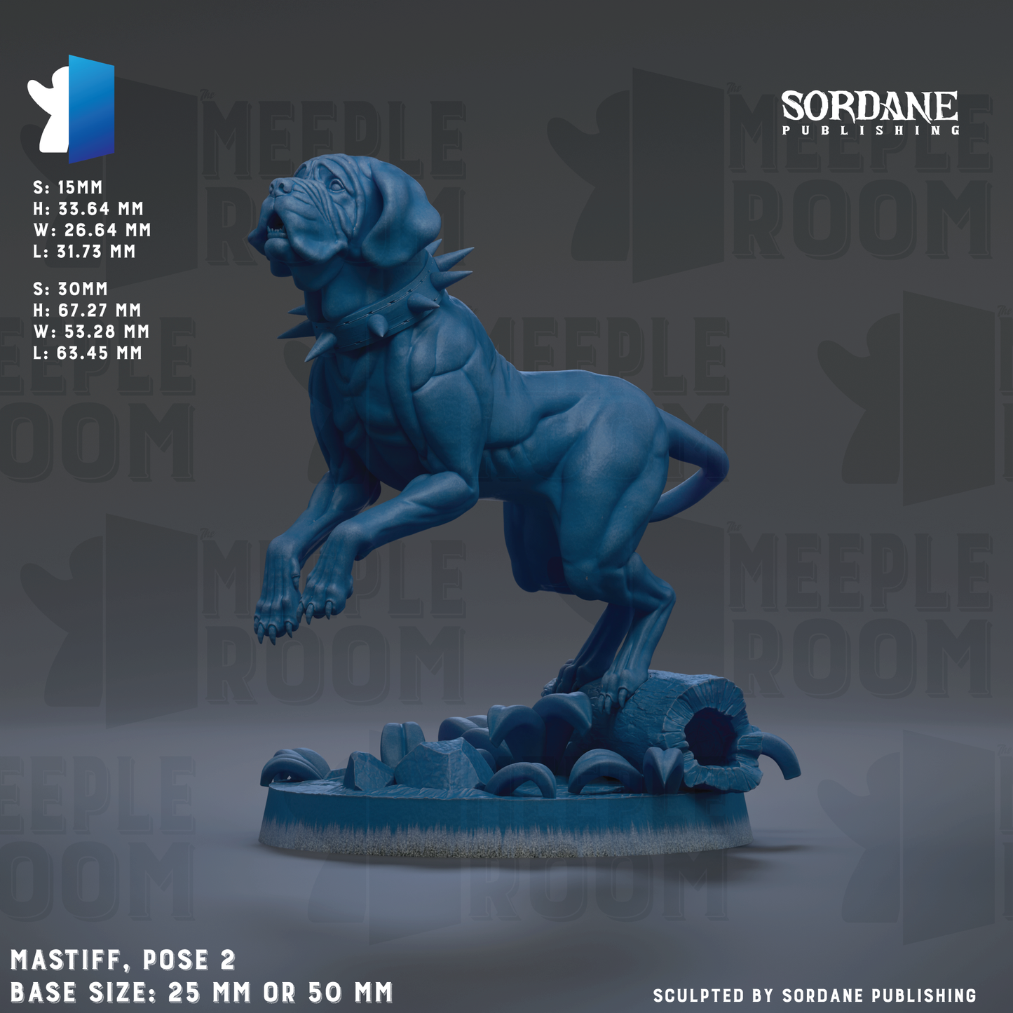 The image is a 3D rendering of a blue dog statue, specifically a mastiff, posed on a base. The statue is shown in various sizes, ranging from 25 mm to 50 mm, and is displayed against a dark background. The image is a collage of multiple images, and it is described as a mastiff pose 2, a mastiff base size of 25 mm or 50 mm, and a mastiff pose 2 base size of 50 mm.