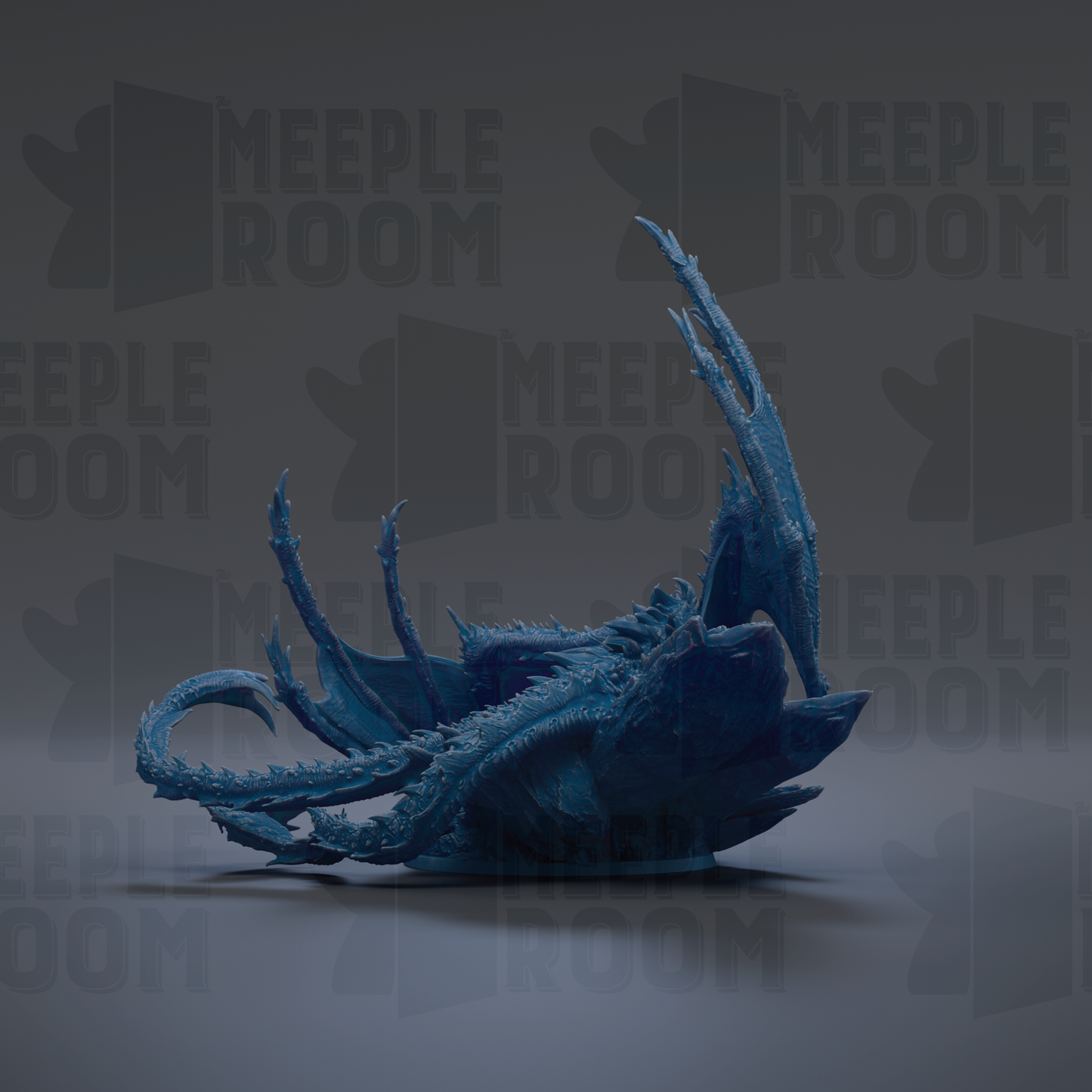 A blue, fantastical creature resembling a dragon or sea monster is depicted in the image.