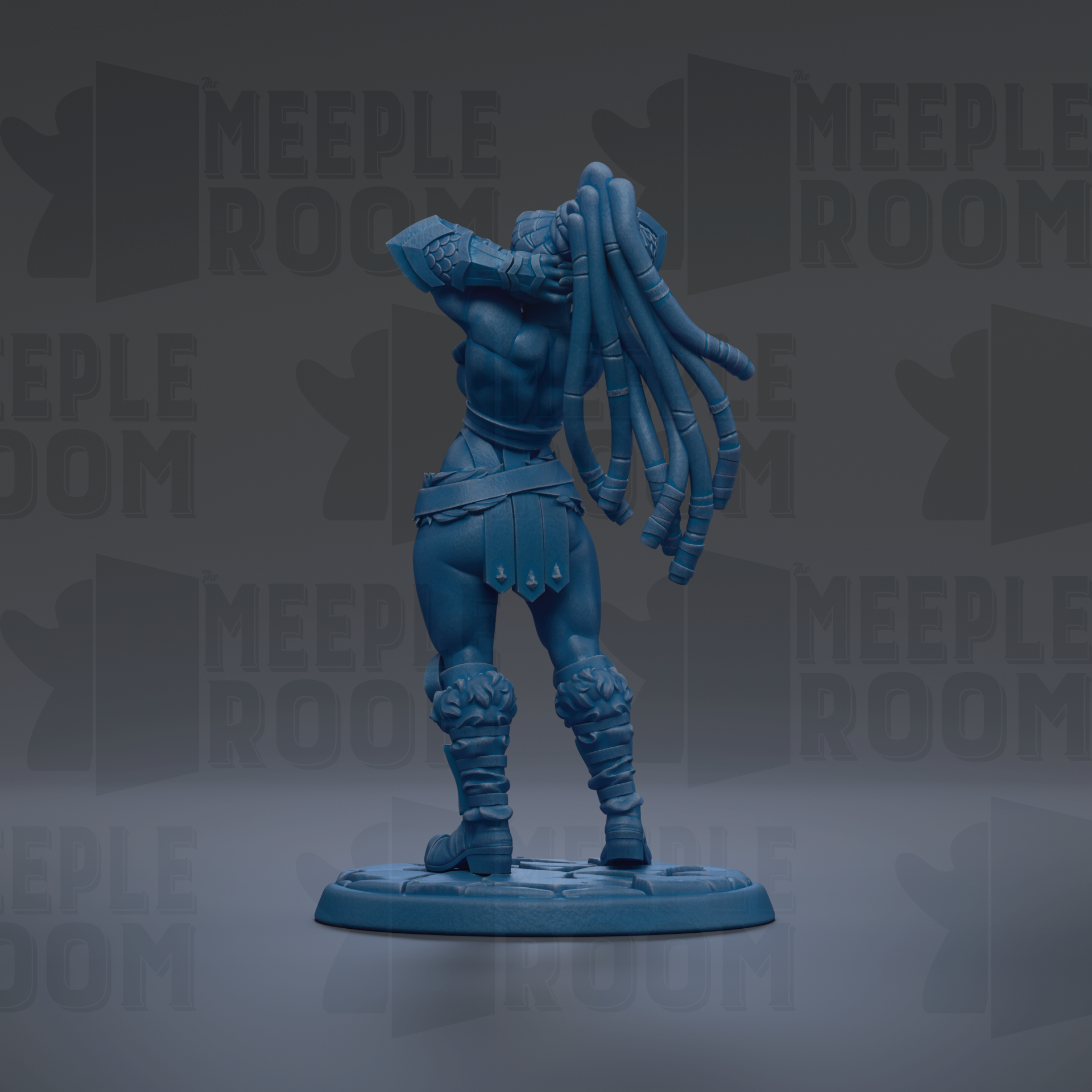 A blue figurine of a female character with long hair and a distinctive pose, standing on a base against a dark background with repeated text.