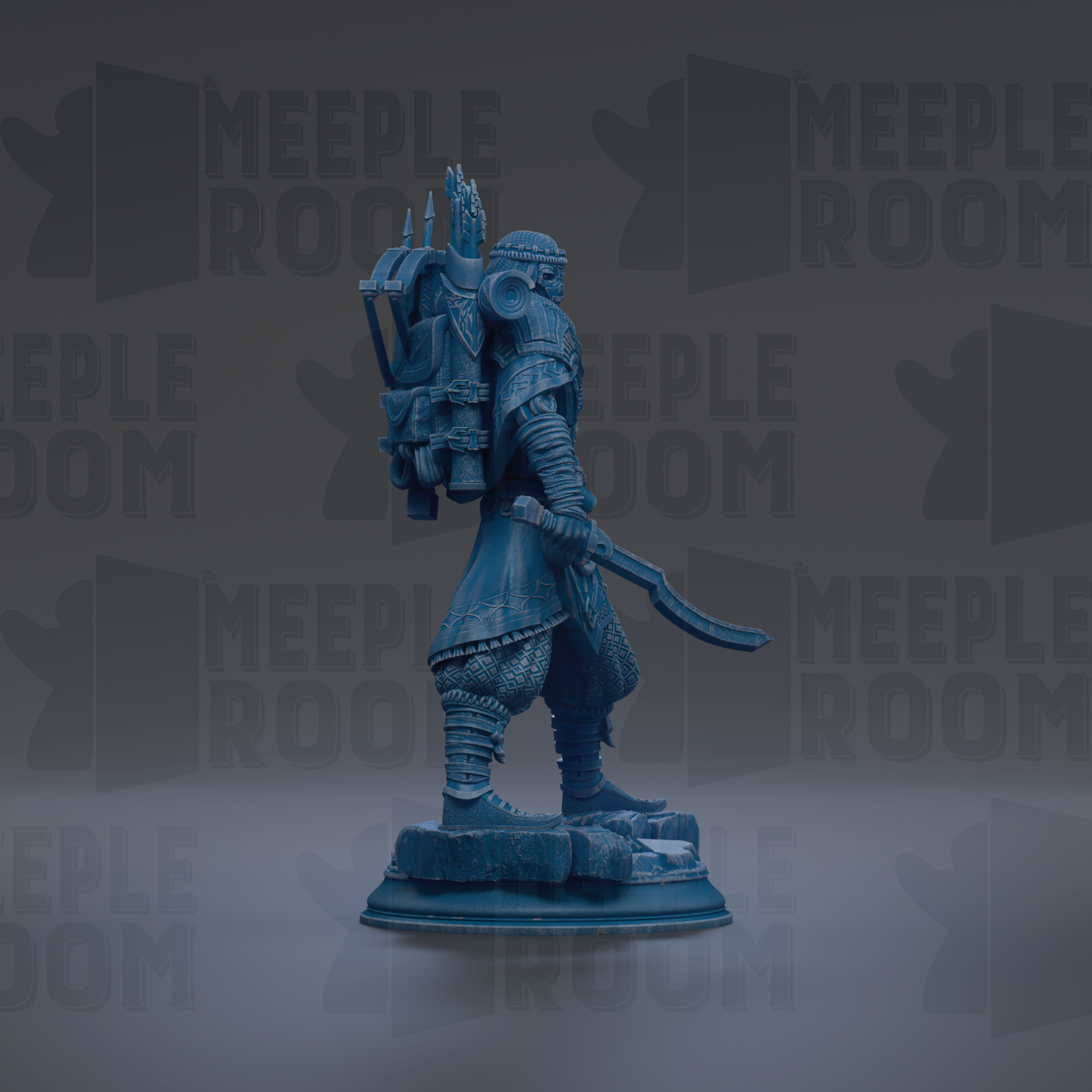 A blue statue of a warrior figure holding a sword and shield, standing on a pedestal against a dark background with repeated text.