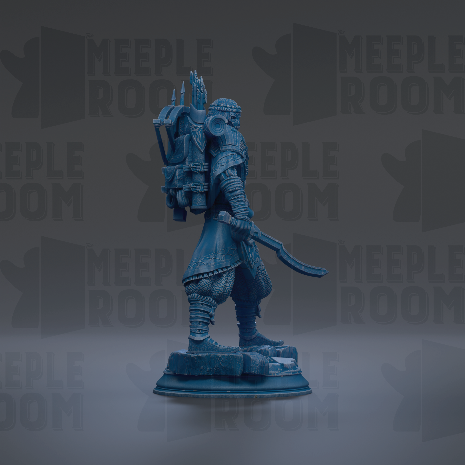 A blue statue of a warrior figure holding a sword and shield, standing on a pedestal against a dark background with repeated text.