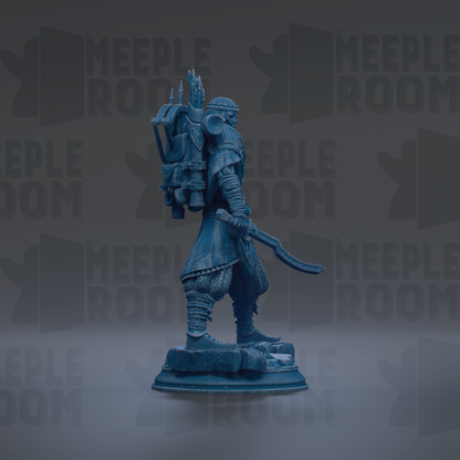 A blue statue of a warrior figure holding a sword and shield, standing on a pedestal against a dark background with repeated text.