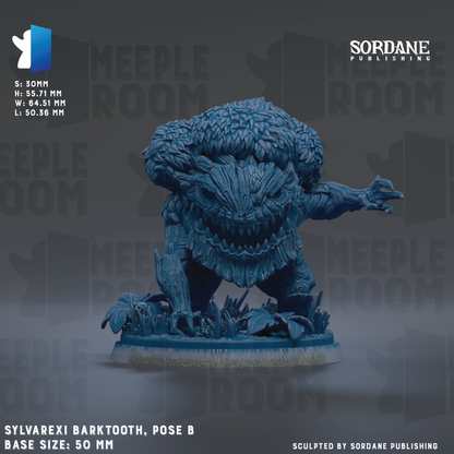a blue barktooth figurine posed on a base, with the text "Sylvarexi Barktooth, pose B" and "base sizes: 50 mm" visible.