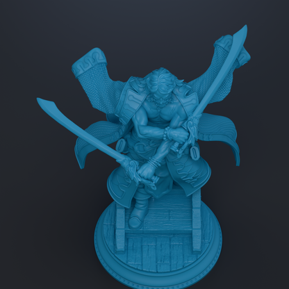 A blue 3D model of a warrior figure holding a sword and shield, standing on a platform.