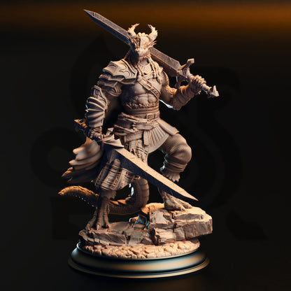 A detailed 3D model of a warrior figure, holding a sword and standing on a rocky base.