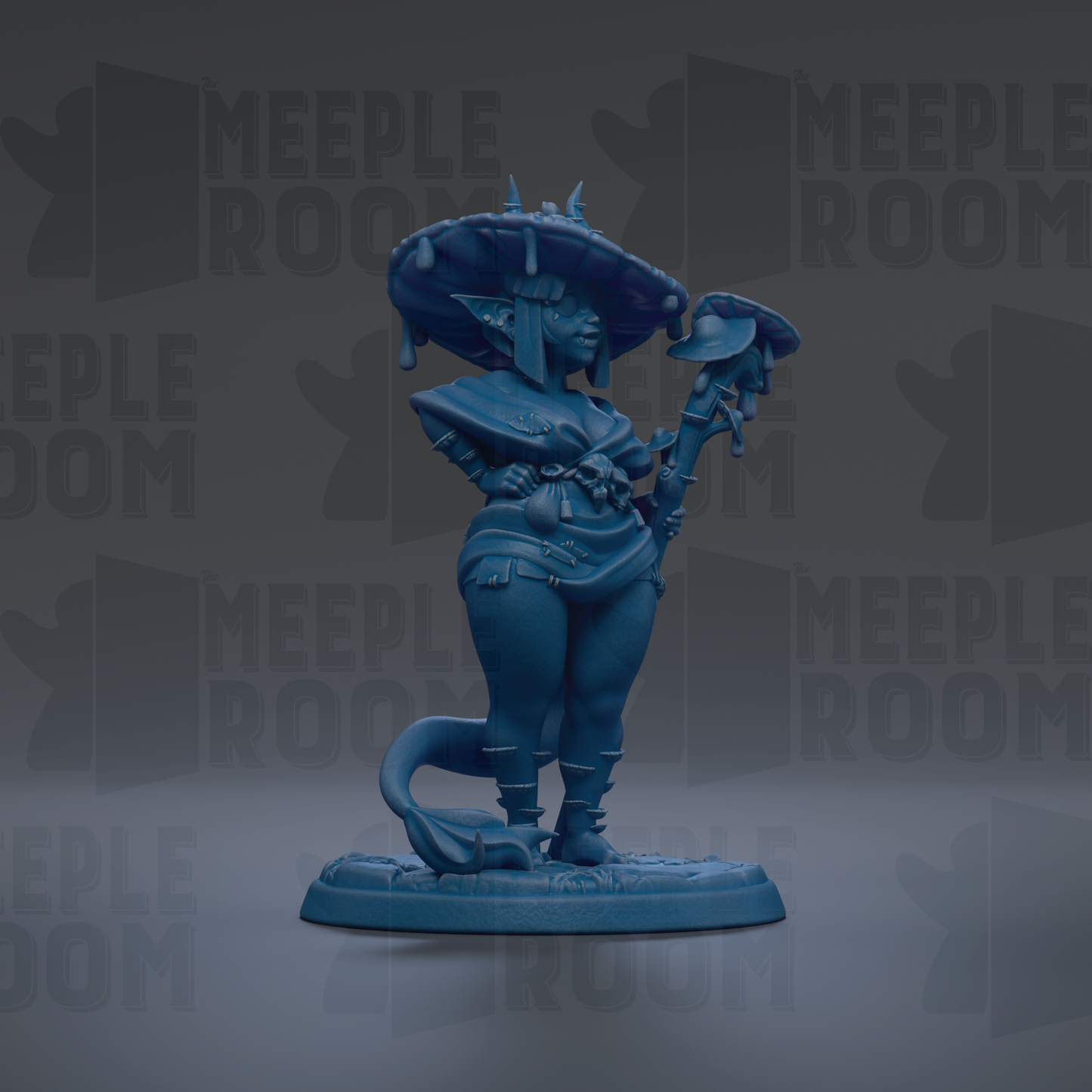 A blue figurine of a woman with a large hat and a staff, standing on a base.