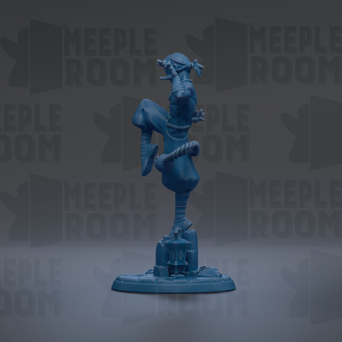 A blue figurine of a person standing on one leg, with a rope around their waist, against a dark background with repeated text.