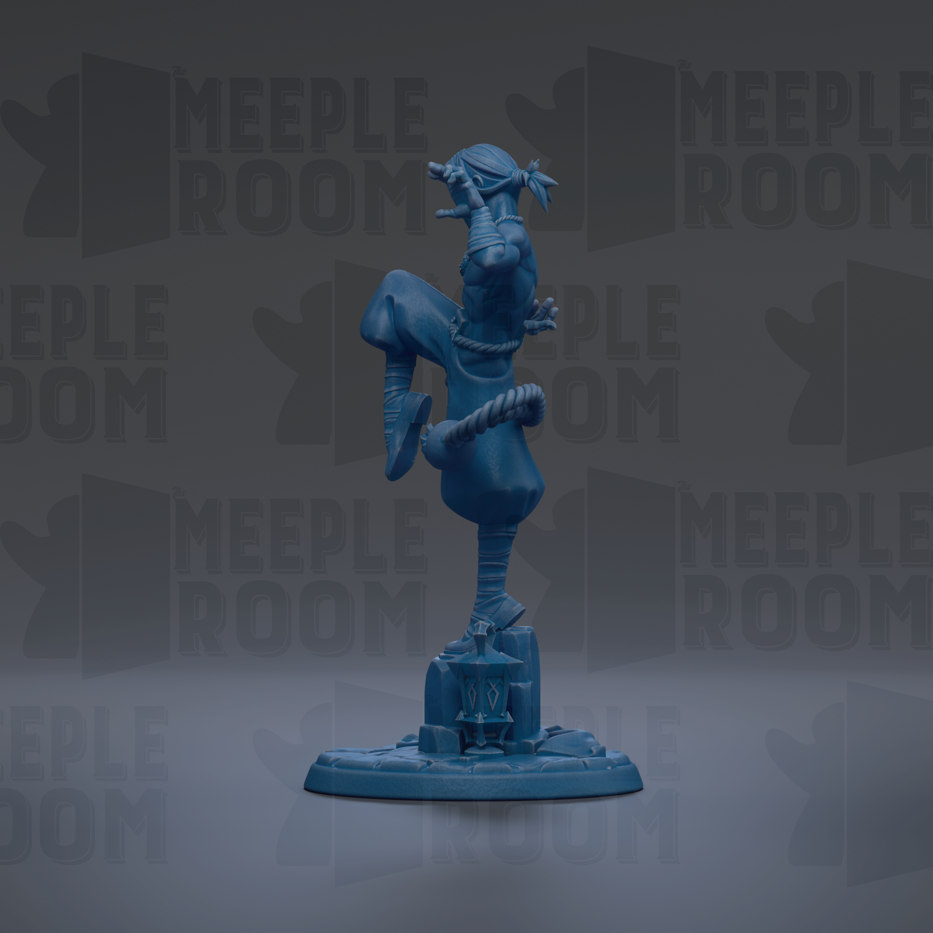 A blue figurine of a person standing on one leg, with a rope around their waist, against a dark background with repeated text.