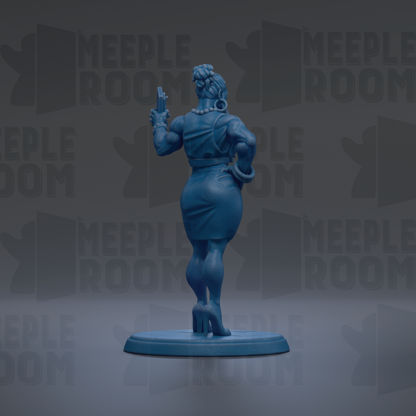 A blue figurine of a woman holding a gun, standing on a blue base, against a dark background with repeated text.