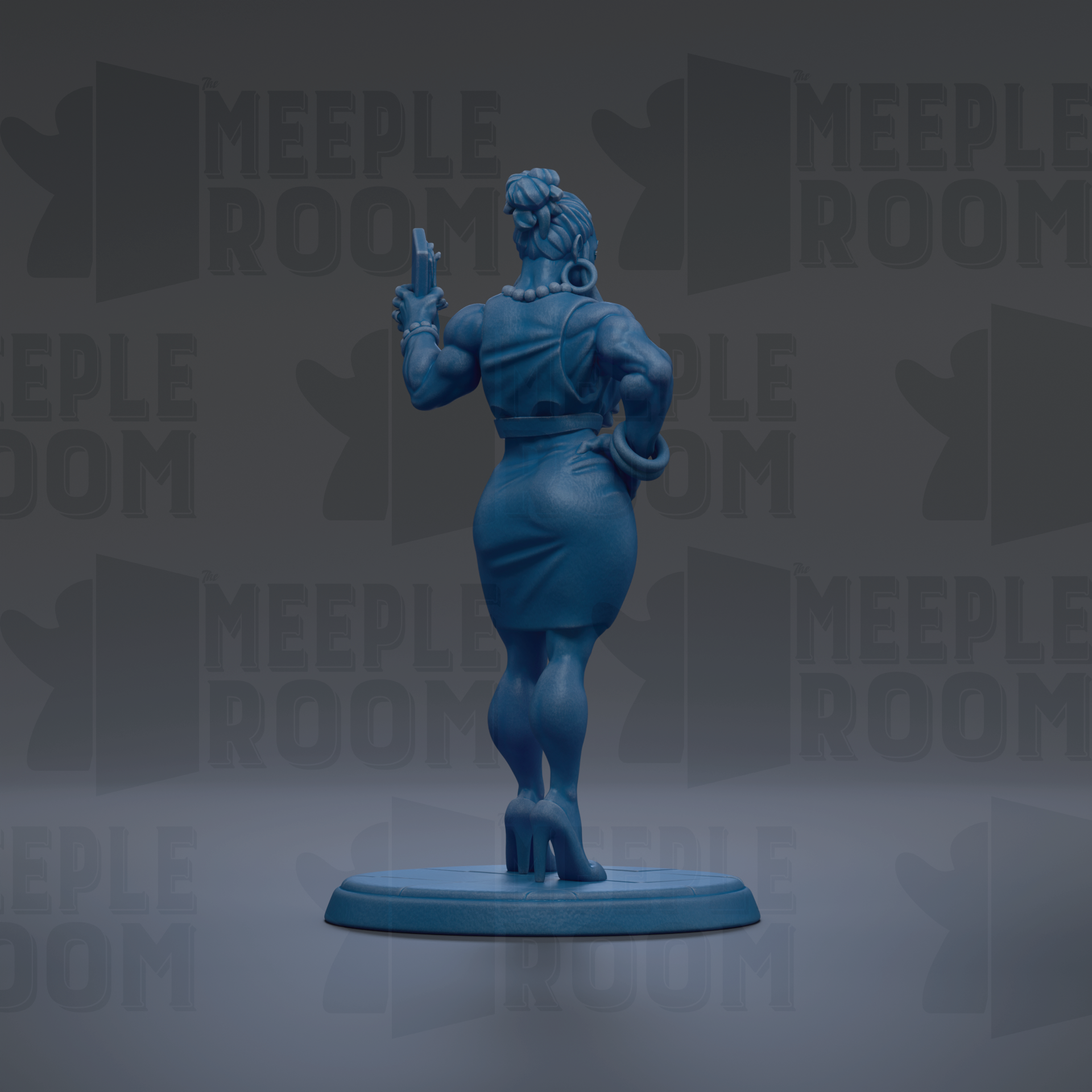A blue figurine of a woman holding a gun, standing on a blue base, against a dark background with repeated text.