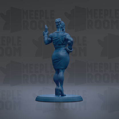 A blue figurine of a woman holding a gun, standing on a blue base, against a dark background with repeated text.