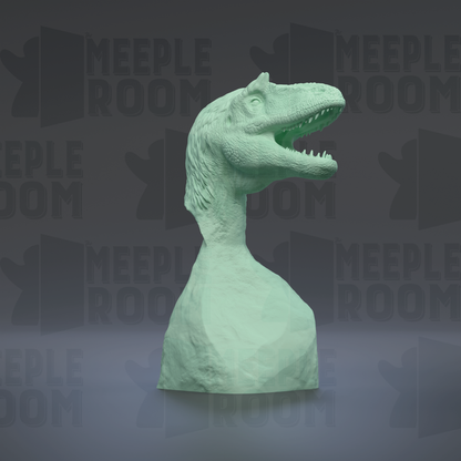 A green dinosaur head sculpture is displayed against a dark background with repeated text.