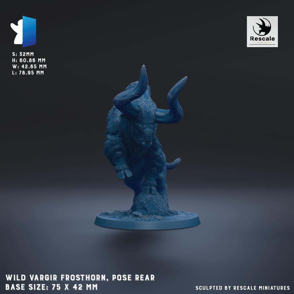 a blue figurine of a wild vargir frosthorn, posed in a rear view. The figurine is described as a base size of 75 x 42 mm and is sculpted by Rescue miniatures.