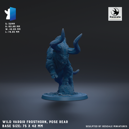 a blue figurine of a wild vargir frosthorn, posed in a rear view. The figurine is described as a base size of 75 x 42 mm and is sculpted by Rescue miniatures.