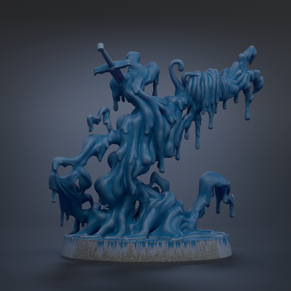 A 3D rendering of a blue, abstract sculpture with flowing, dripping, and dripping elements, resembling a dripping liquid or a dripping waterfall.