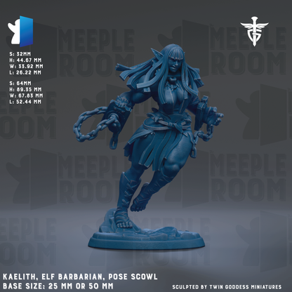 The image is a detailed statue of an elf-like character, specifically a barbarian, posed in a dynamic pose with a chain around its neck. The statue is set against a dark background, which emphasizes its blue color. The statue is described as being sculpted by Twin Goddess miniatures, indicating that it is a professionally crafted piece of art. The base sizes of the statue are 25mm or 50mm, and the image is labeled as a "MEIPLE ROOM" based on the context provided.
