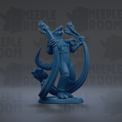 A blue figurine of a creature with a long tail and a large head, holding a large pipe in its hands.