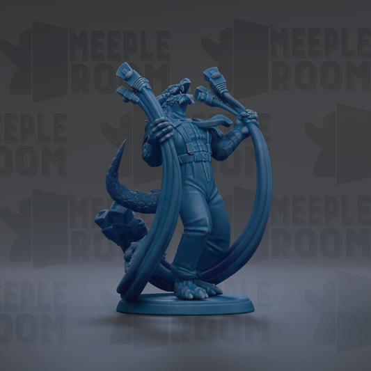 A blue figurine of a creature with a long tail and a large head, holding a large pipe in its hands.