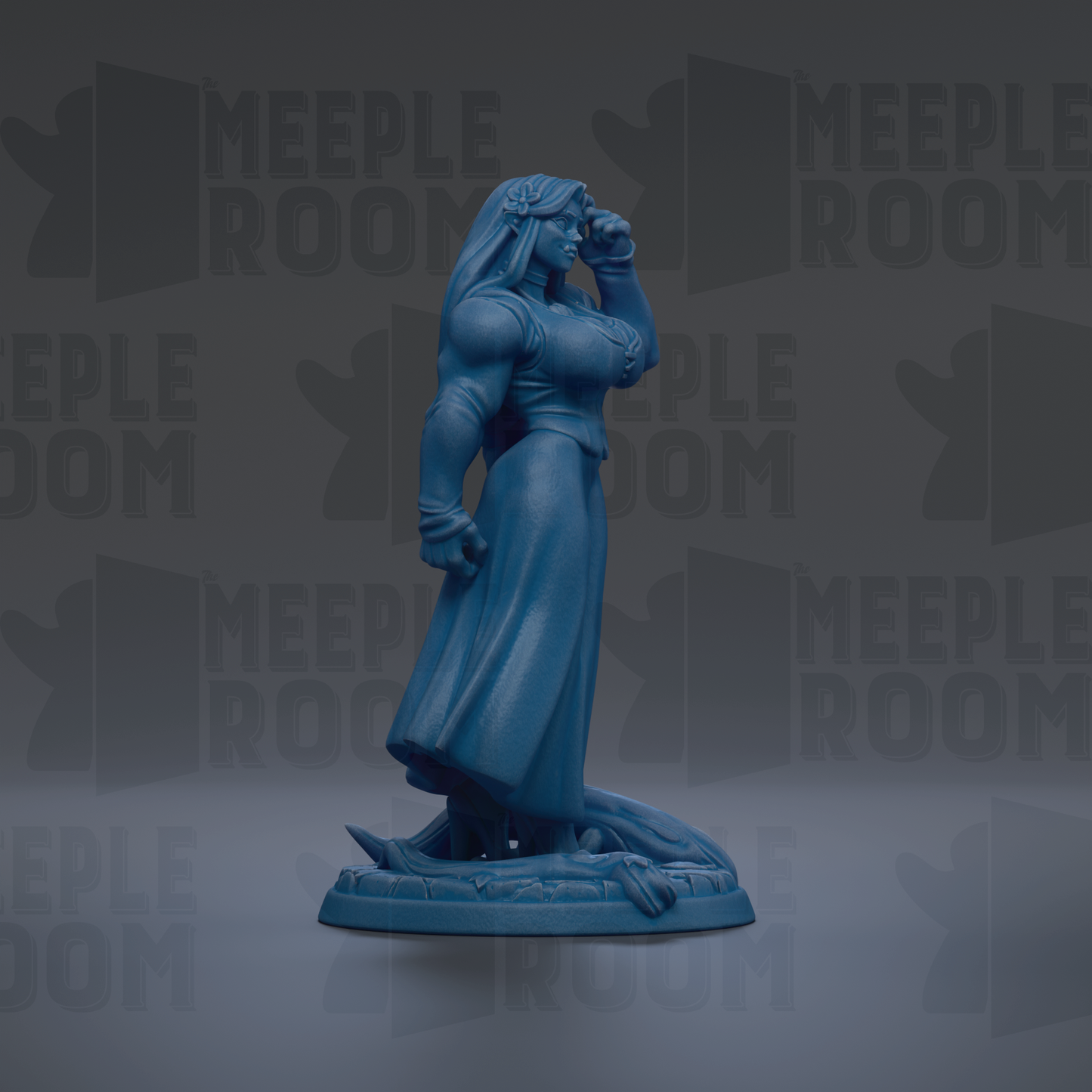 A blue figurine of a woman with long hair and a flowing dress stands on a base, with the text "MEUPLE ROOM" repeated in the background.