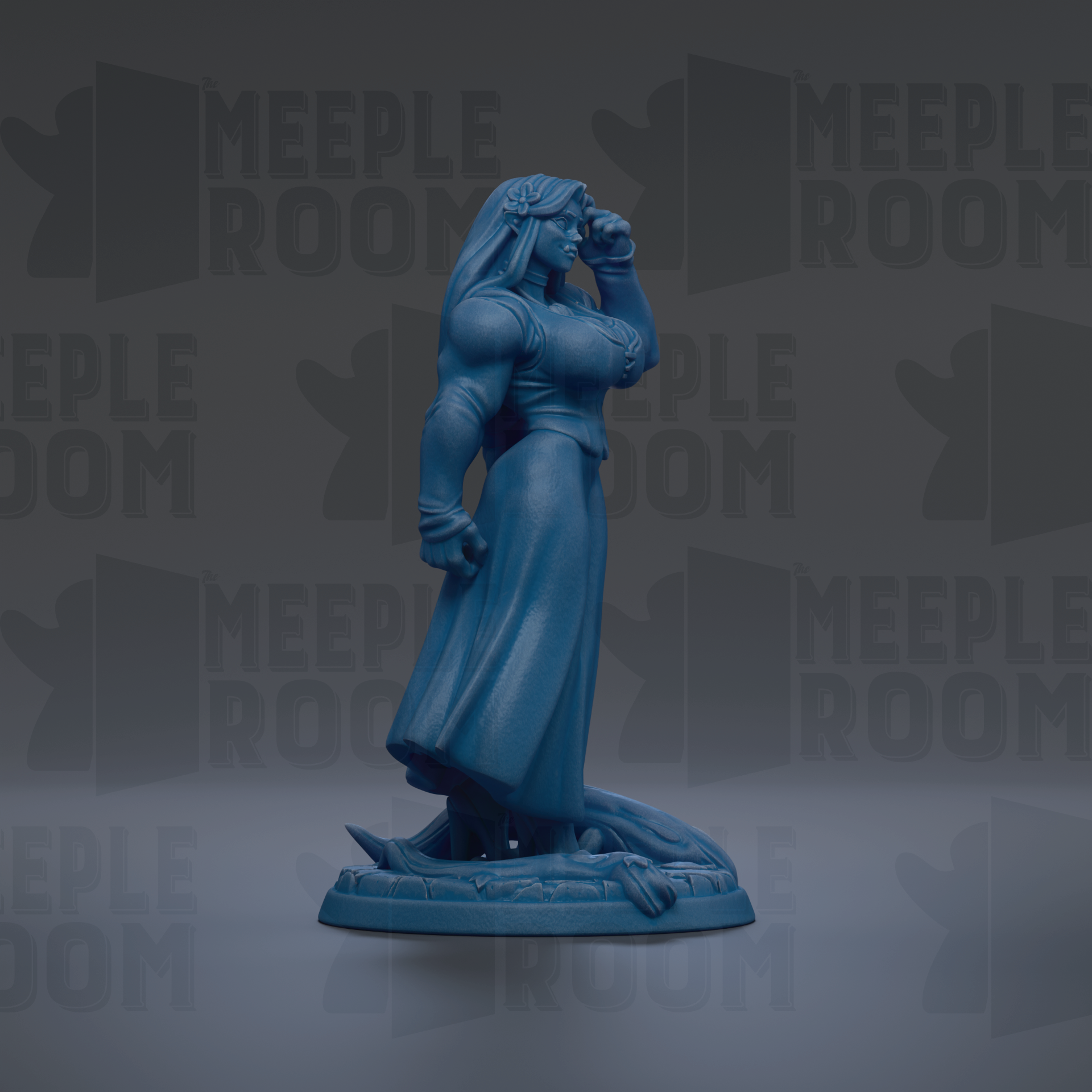 A blue figurine of a woman with long hair and a flowing dress stands on a base, with the text "MEUPLE ROOM" repeated in the background.