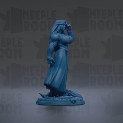 A blue figurine of a woman with long hair and a flowing dress stands on a base, with the text "MEUPLE ROOM" repeated in the background.