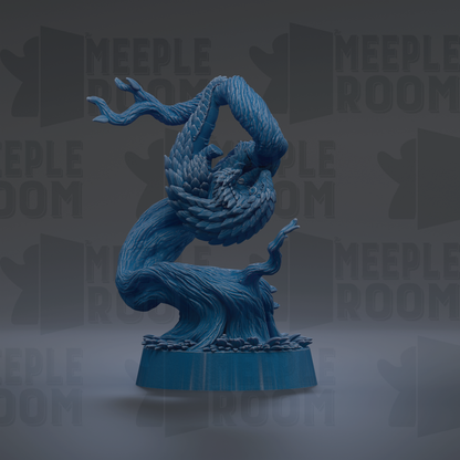 A blue, abstract sculpture resembling a bird or dragon-like creature with flowing, organic shapes and textures.