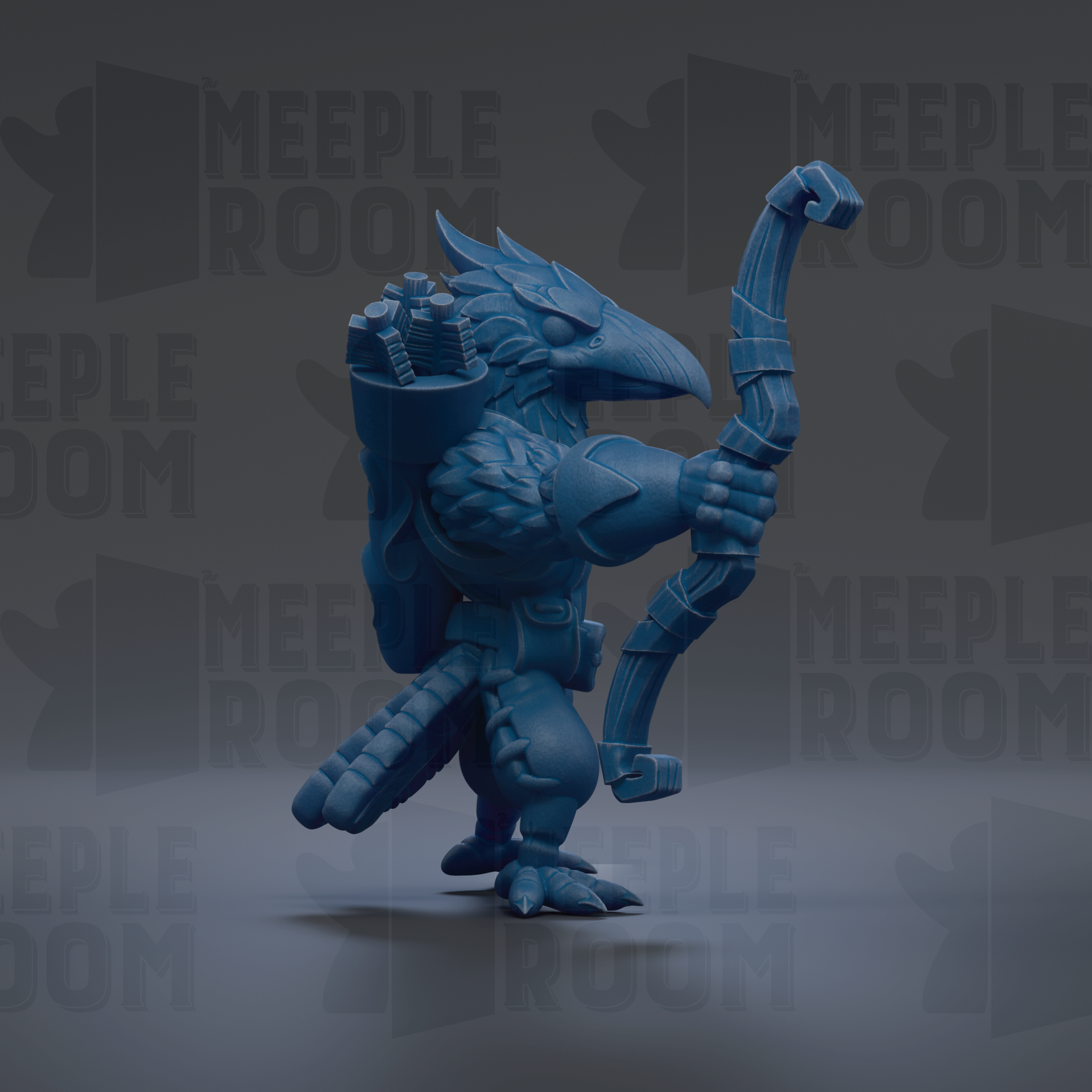 A blue, winged creature with a long, curved weapon stands in the center of the image against a dark background.