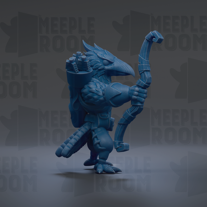 A blue, winged creature with a long, curved weapon stands in the center of the image against a dark background.