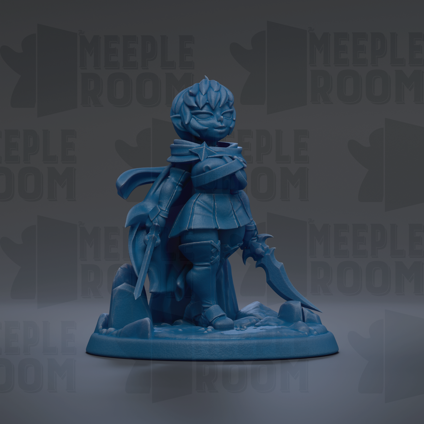 A blue figurine of a character with a sword and shield, standing on a base and holding a shield in one hand and a sword in the other.