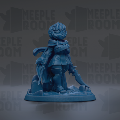A blue figurine of a character with a sword and shield, standing on a base and holding a shield in one hand and a sword in the other.