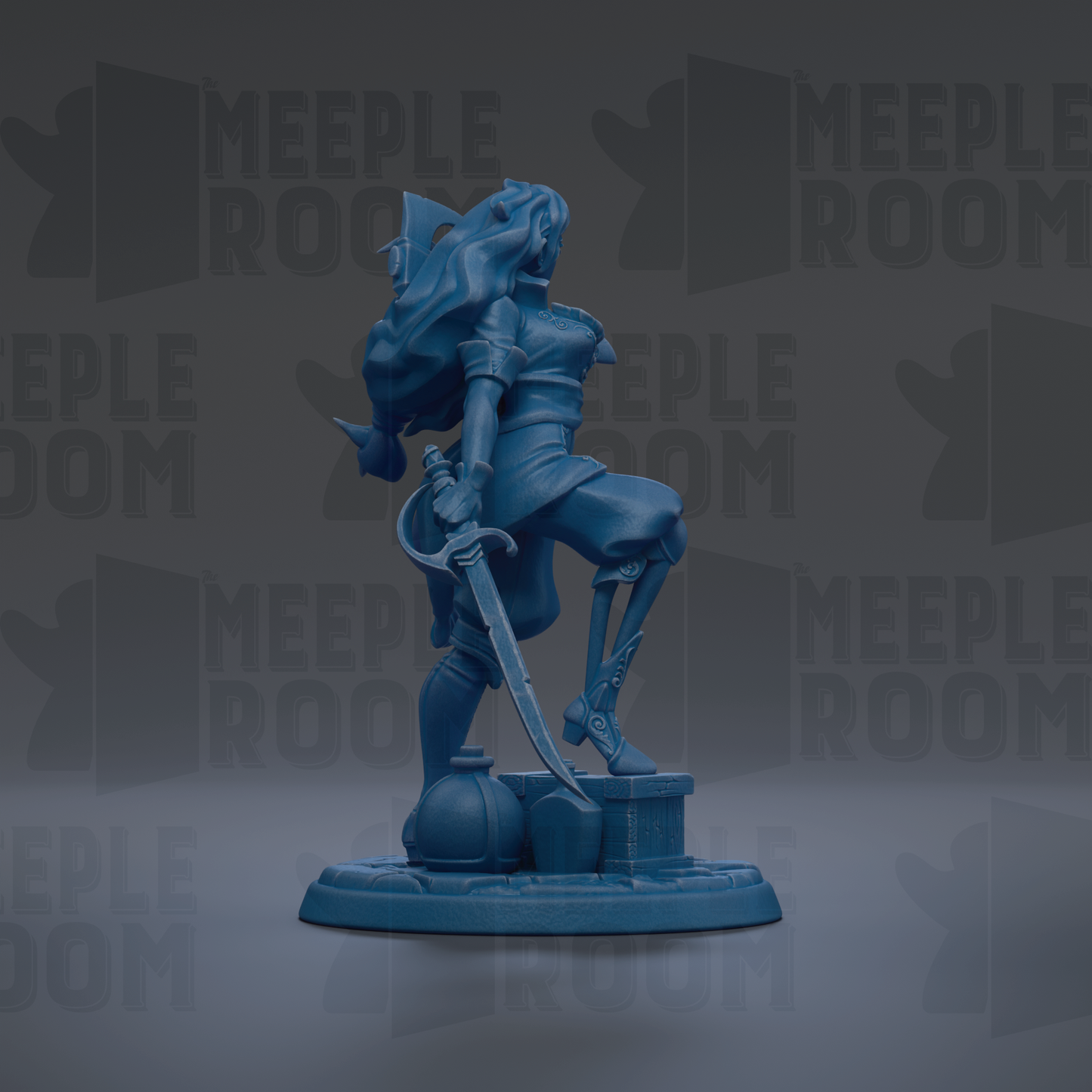 A blue figurine of a woman holding a sword and standing on a pedestal.