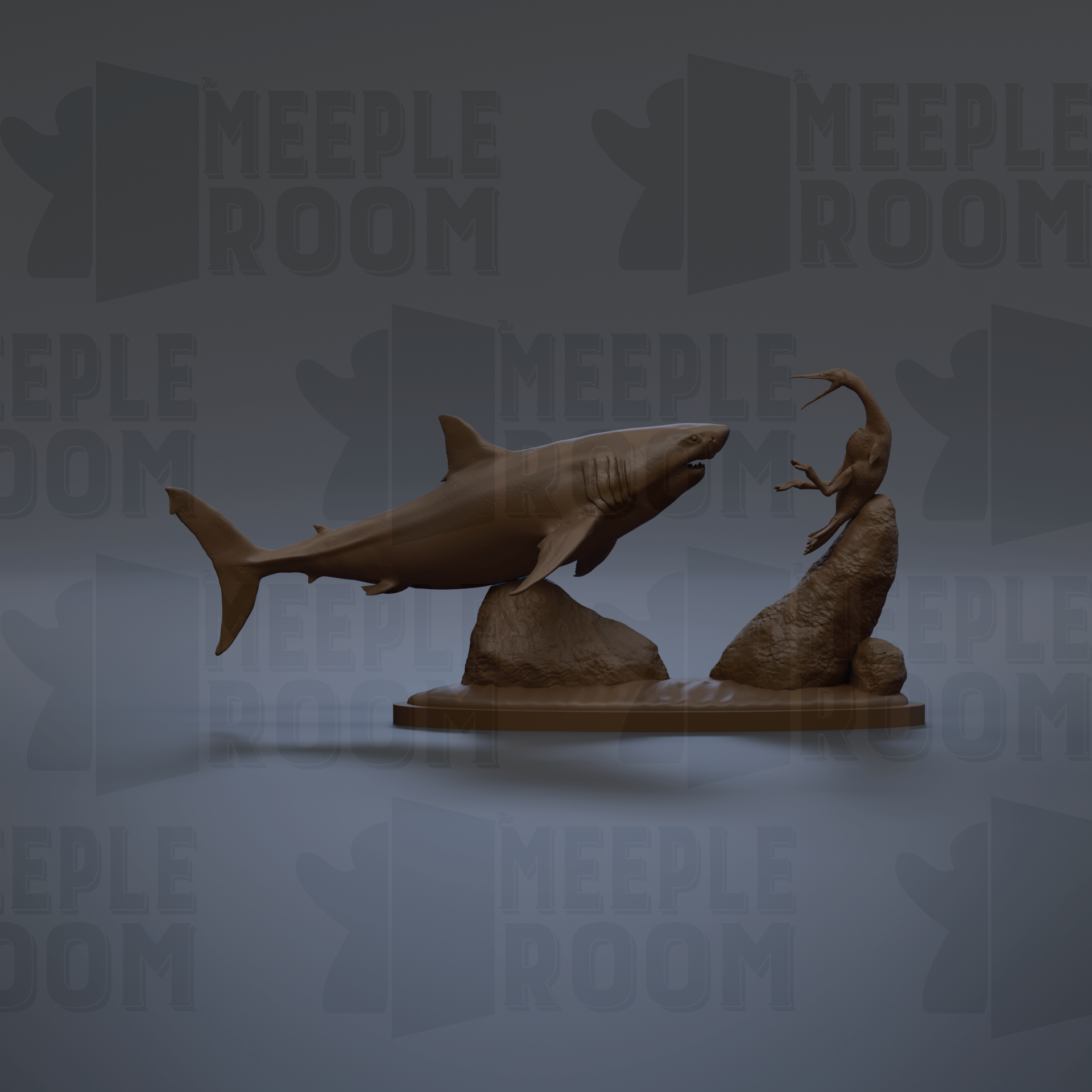 A 3D model of a shark sculpture is displayed against a dark background with repeated text.