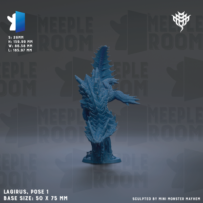 a blue figurine of a dragon-like creature, possibly a mythical or fantasy monster, posed in a dynamic position. The figurine is described as a "Lagrus, pose 1" and has a base size of 50 x 75 mm. The background of the image is a dark gray color, and the phrase "S.56mm H:159.00 mm W:85.75 mm L:155.97 mm" is repeated in the image.