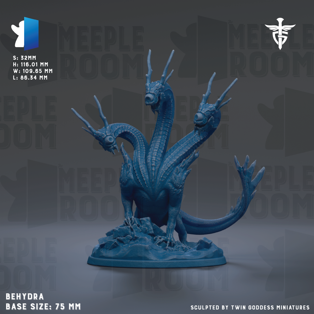 The image is a 3D rendering of a blue monster-like creature with multiple heads and sharp teeth, standing on a base. The creature appears to be a mythical or fantastical being, possibly a dragon or serpent-like creature. The image is described as a "MEIPLE ROOM" and is labeled as a "BETHRA BASE SIZE: 75 MM". It is also described as "SCULPTED BY TWIN GODESS MINUTES".