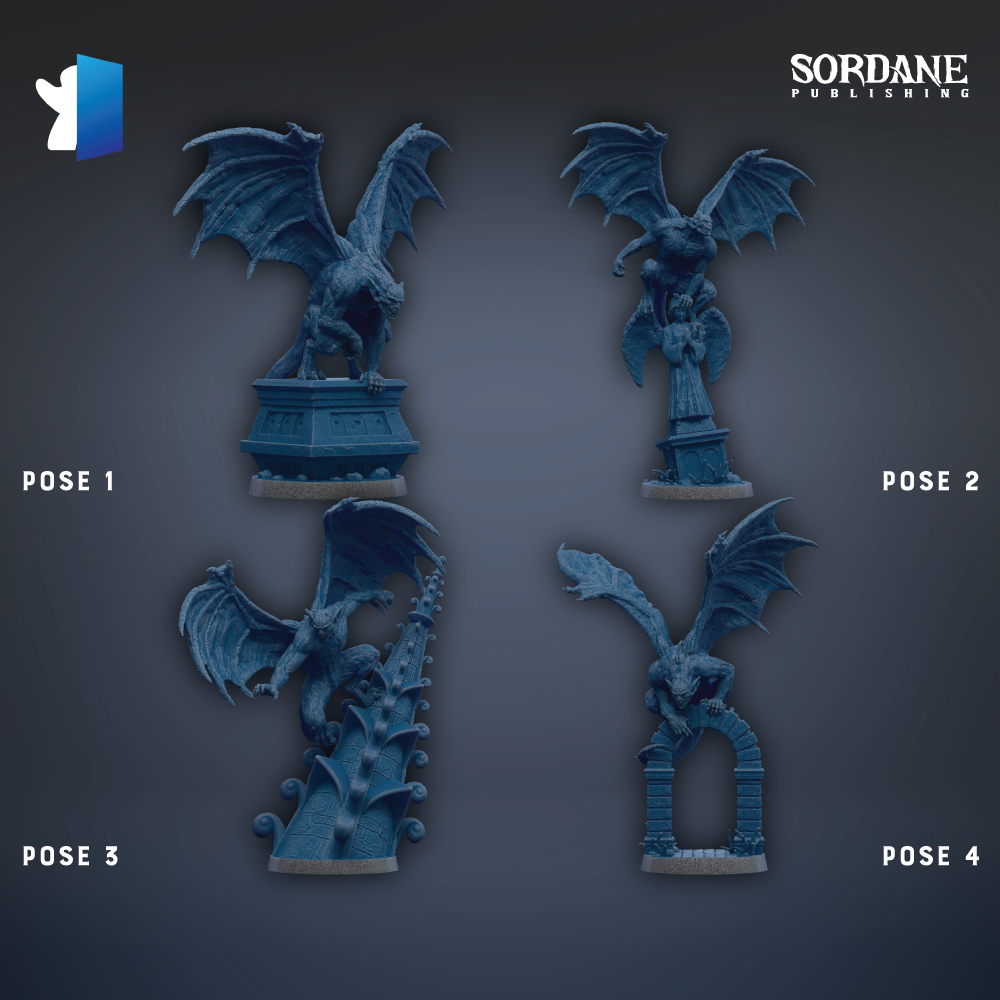 four blue figurines of dragons, each in a different pose, arranged in a grid against a dark background.