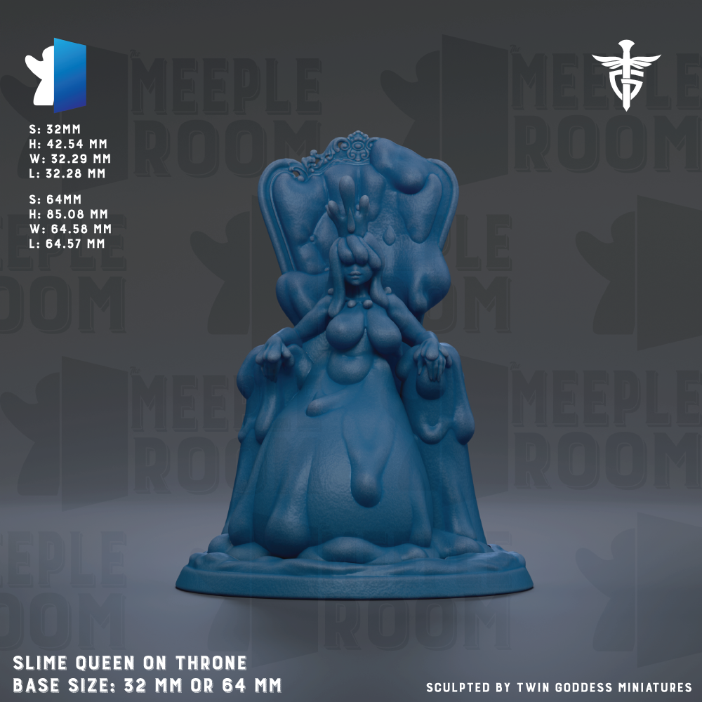 The image is a 3-dimensional rendering of a blue, slobbery statue of a woman sitting on a throne. The statue appears to be a sculpture of a queen or a similar figure. The base size of the statue is 62 millimeters or 64 millimeters. The image is a collage of multiple images, and it is not a description of each individual image. The phrase "SLIME QUEEN ON THrone" is used to describe the statue, and it is sculpted by Twin Goddess Miniatures.