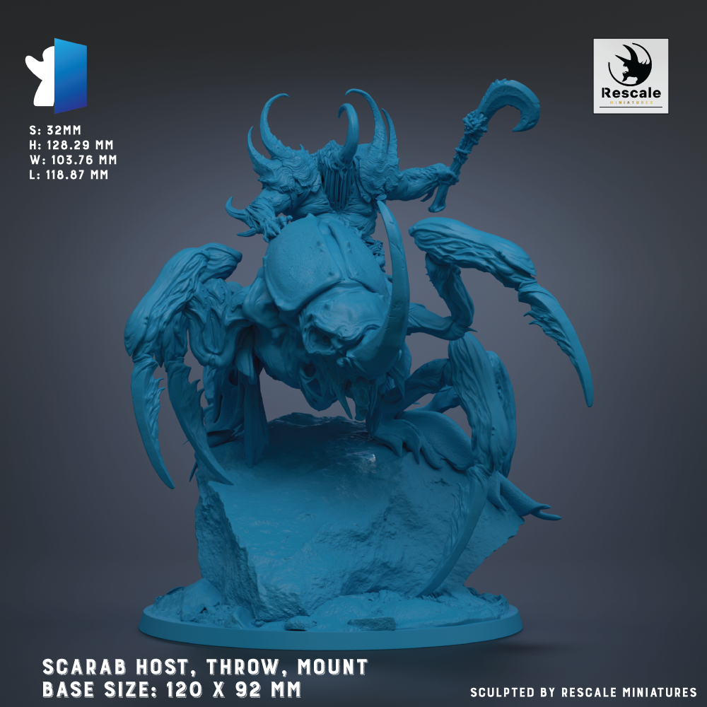 The image is a 3D model of a blue, fantastical creature with horns and a large claw, mounted on a rock. The creature appears to be a type of insect or spider-like creature, with a large head and multiple legs. The image is described as a "SCARAB HOST, THROW, MOUNT" and is shown in a 3D rendering. The base sizes of the model are 120 x 92 mm. The image is described as being "Sculpted by RESCALE MINIATURES".