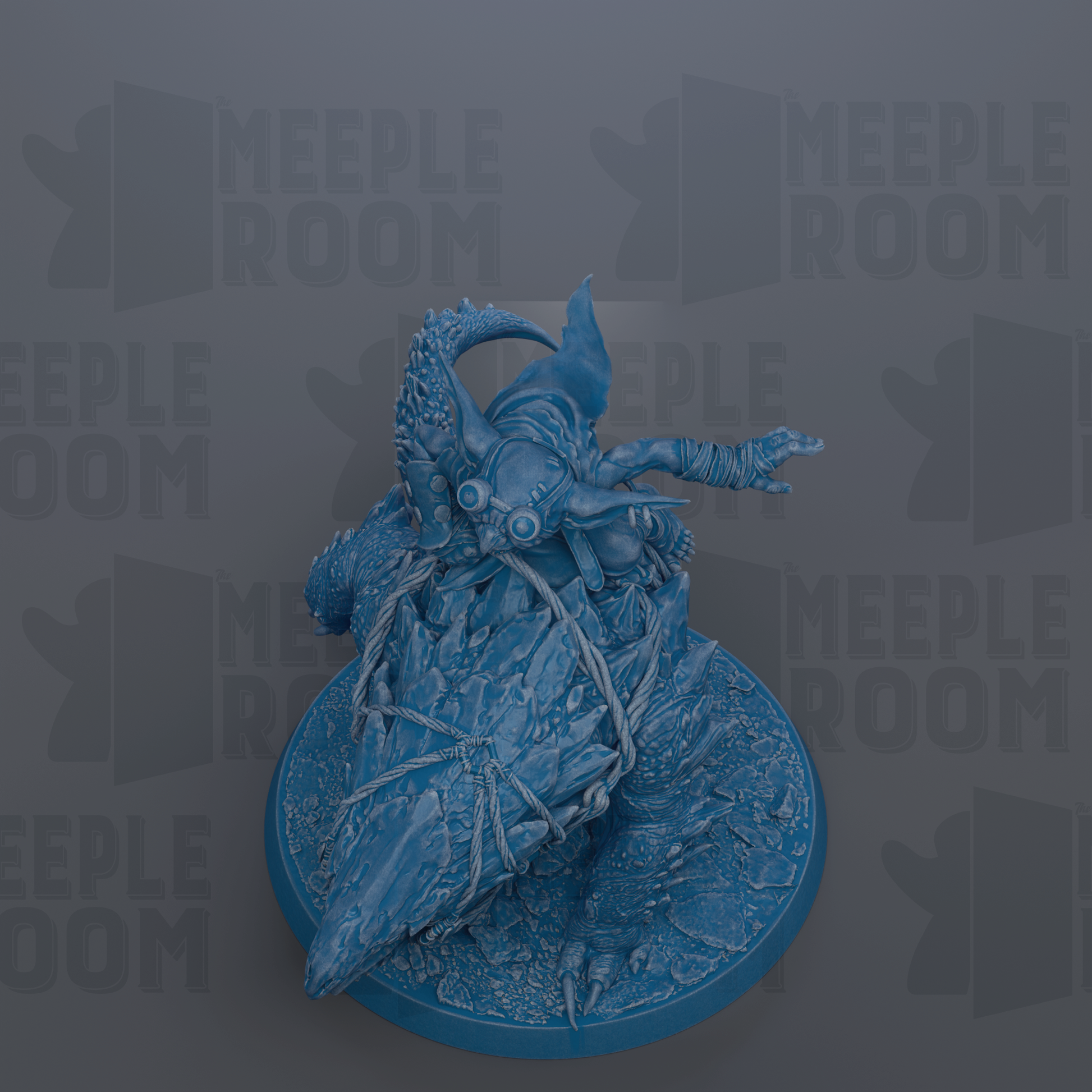 A 3D rendering of a blue, fantastical creature with a large head and sharp teeth, sitting on a blue base.