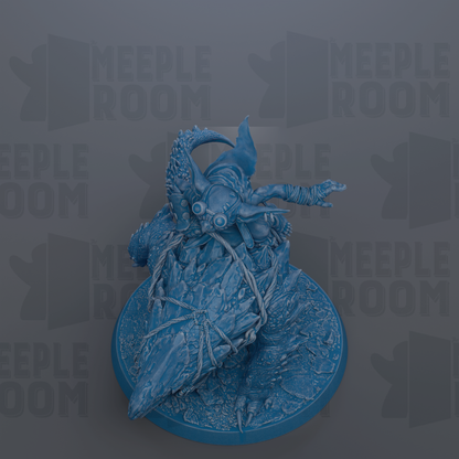 A 3D rendering of a blue, fantastical creature with a large head and sharp teeth, sitting on a blue base.