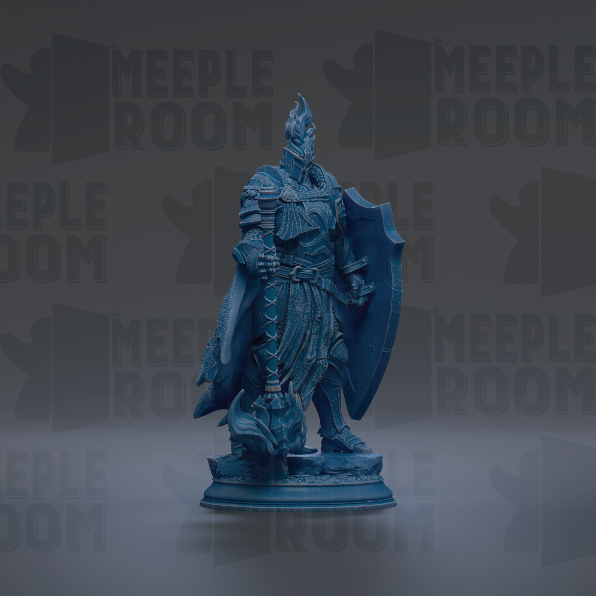 A blue statue of a warrior standing on a pedestal, holding a shield and sword, against a dark background with repeated text.