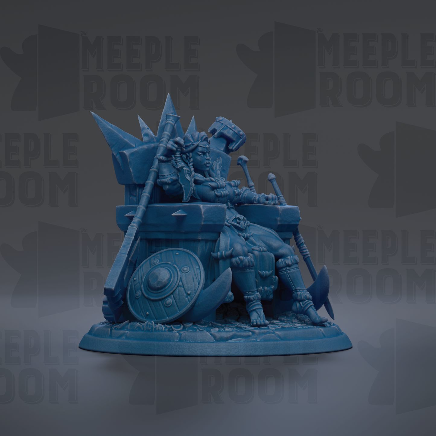 A blue figurine of a warrior sitting on a throne, holding a shield and sword, against a dark background with repeated text.