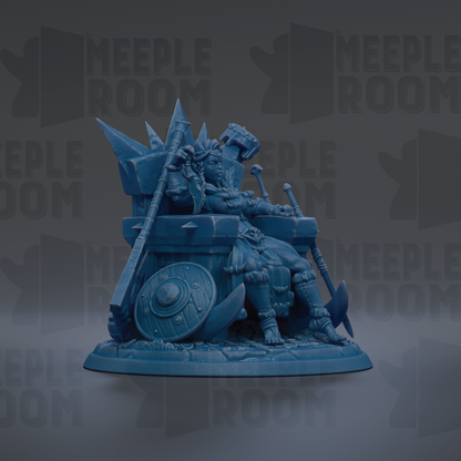 A blue figurine of a warrior sitting on a throne, holding a shield and sword, against a dark background with repeated text.