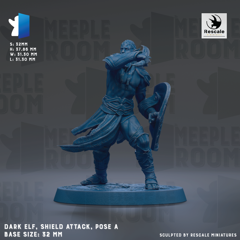 The image is a 3D model of a dark elf holding a shield, with the elf's arms raised in a defensive pose. The elf is standing on a base that is approximately 32mm in diameter. The background of the image is a dark gray color, and there is text that reads "MEIPLE ROOM" repeated multiple times throughout the image.